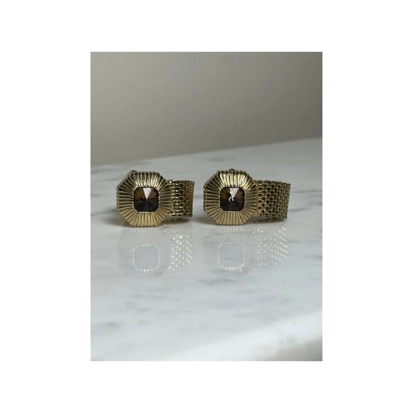 Vintage Gold Tone Mesh Cufflinks with Brown Rhinestone Perfect For Wedding - Picture 1 of 4